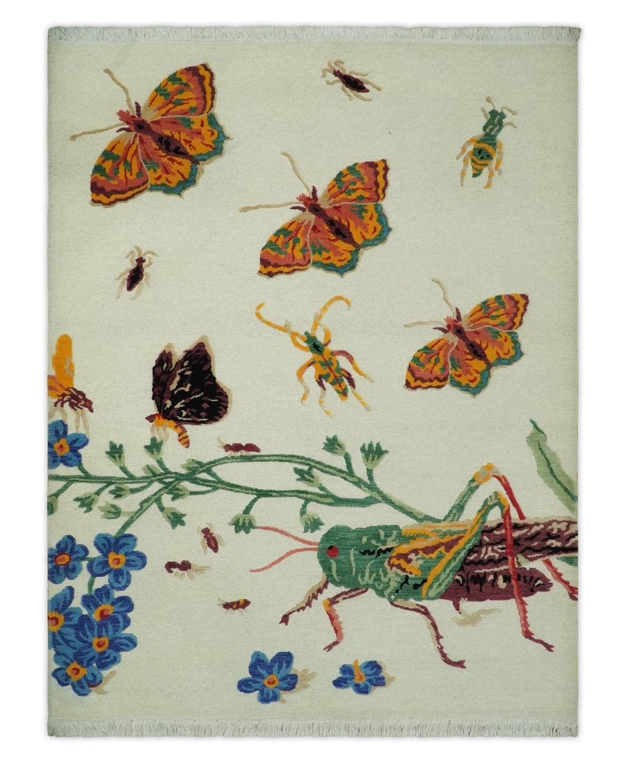 5x7 Ivory Butterfly , Insects and Flower Flatwoven Soumak Wool Hand Made Rug | KNT48 - The Rug Decor