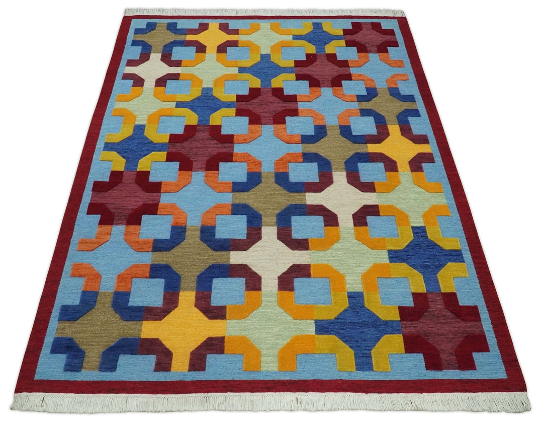 5x7 Multicolor Modern Artistic Wool Hand Woven Southwestern Rug | KNT46 - The Rug Decor