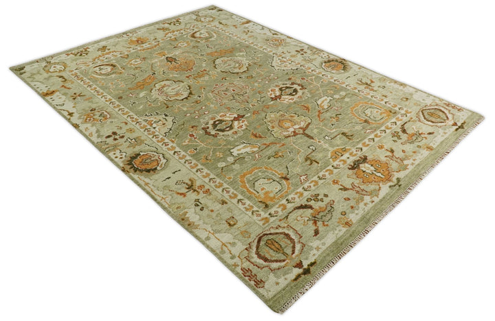 5x8, 6x9, 8x10, 9x12, 10x14 and 12x15 Hand Knotted Green and beige Traditional Vintage Persian Style Antique Wool Rug | TRDCP618 - The Rug Decor
