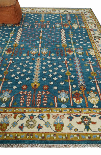 5x8, 6x9, 8x10, 9x12, 10x14 and 12x15 Hand Knotted Teal Blue and Ivory Traditional Persian Vintage Heriz Serapi Wool Rug | TRDCP697 - The Rug Decor