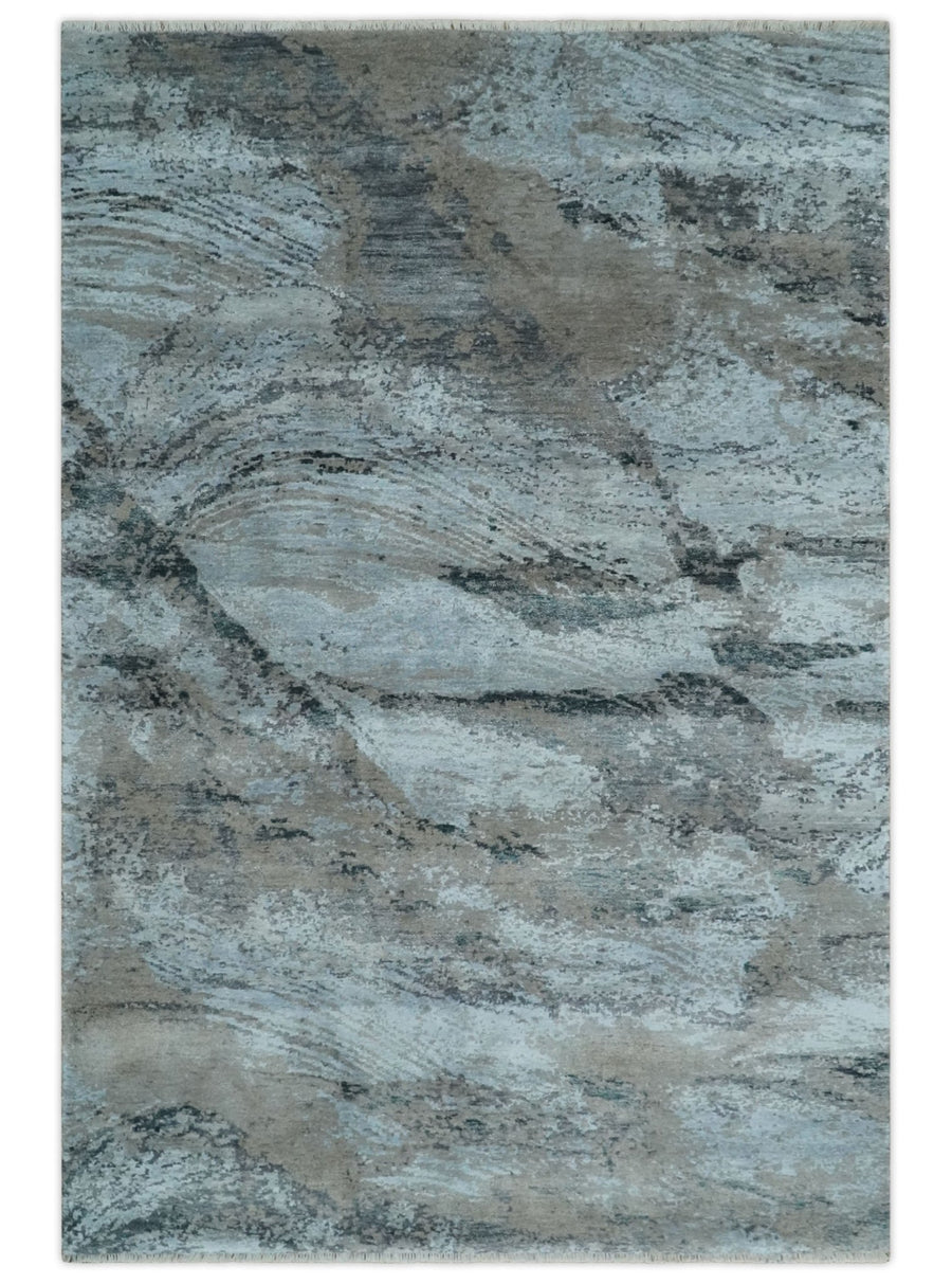 5x8 and 6x9 Aqua, Silver, Charcoal and Brown Modern Abstract Handmade Wool Area Rug - The Rug Decor