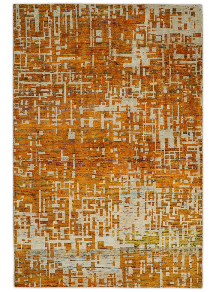 5x8 and 6x9 Gold, Rust and Ivory Modern Abstract Recycled Silk Rug - The Rug Decor