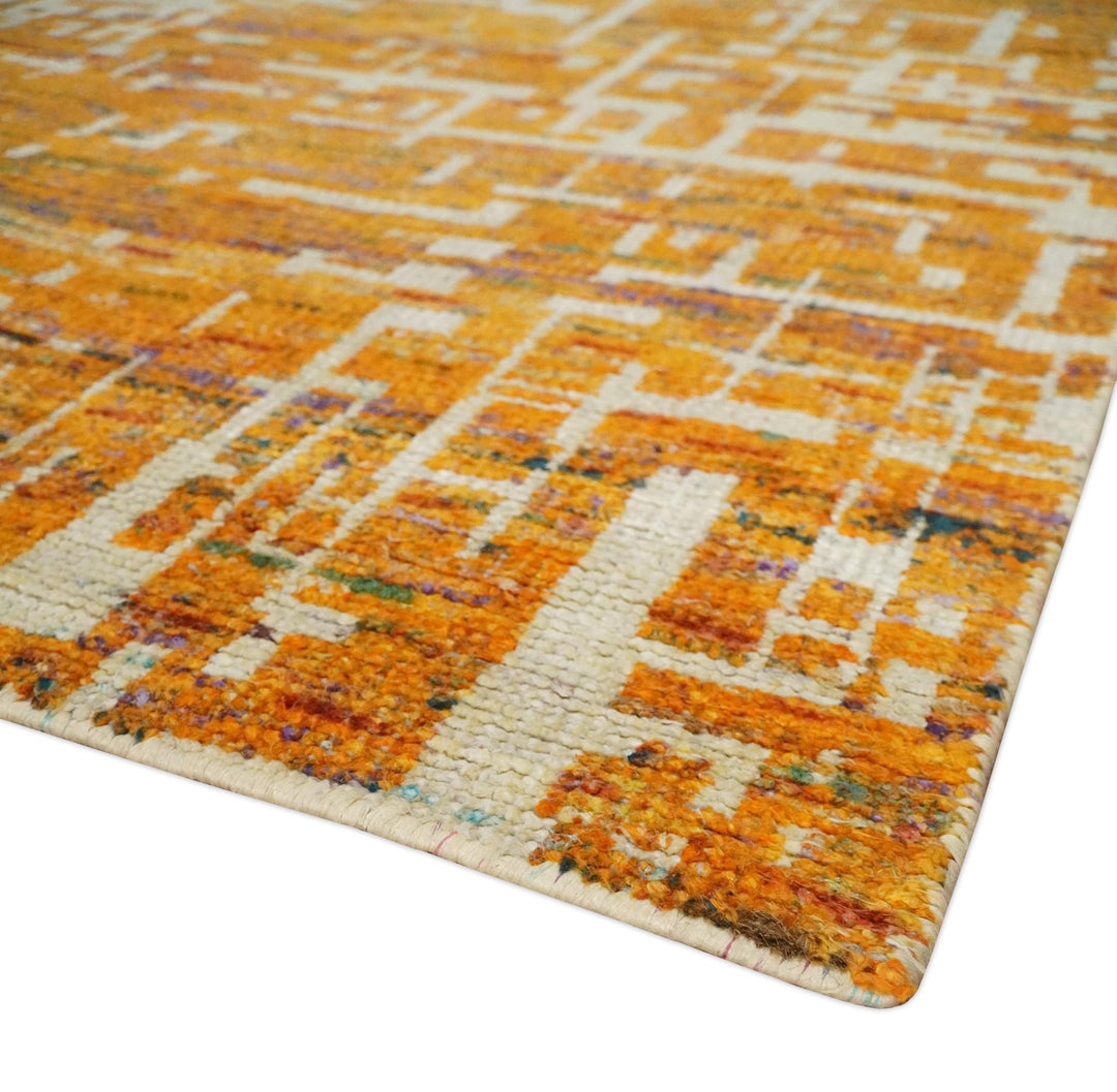 5x8 and 6x9 Gold, Rust and Ivory Modern Abstract Recycled Silk Rug - The Rug Decor