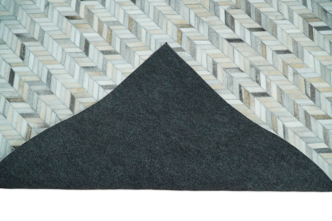 5x8 and 8x10 Genuine Leather Chevron Design Handmade Ivory and Silver Area Rug | LR4 - The Rug Decor