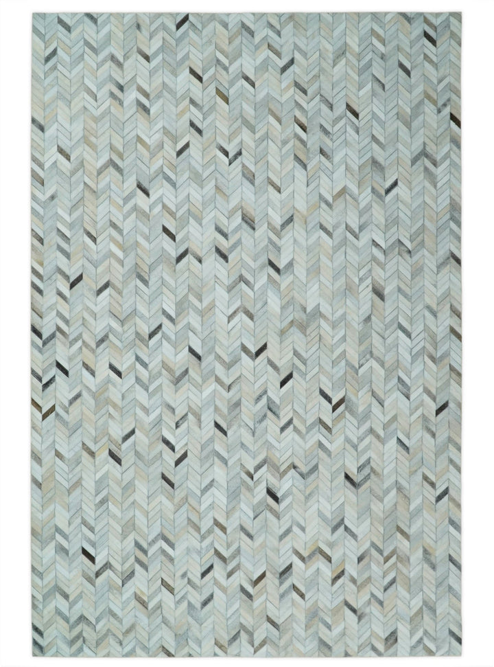 5x8 and 8x10 Genuine Leather Chevron Design Handmade Ivory and Silver Area Rug | LR4 - The Rug Decor