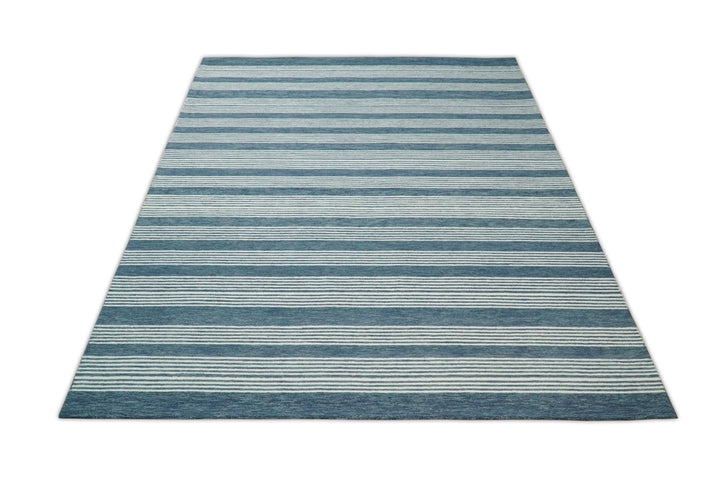 5x8 and 8x10 Hand Made Woolen Modern Stripes White and Blue Area Rug | NAU002 - The Rug Decor
