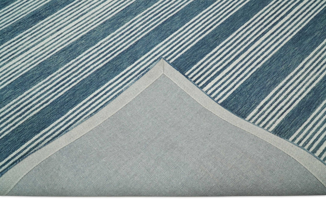 5x8 and 8x10 Hand Made Woolen Modern Stripes White and Blue Area Rug | NAU002 - The Rug Decor