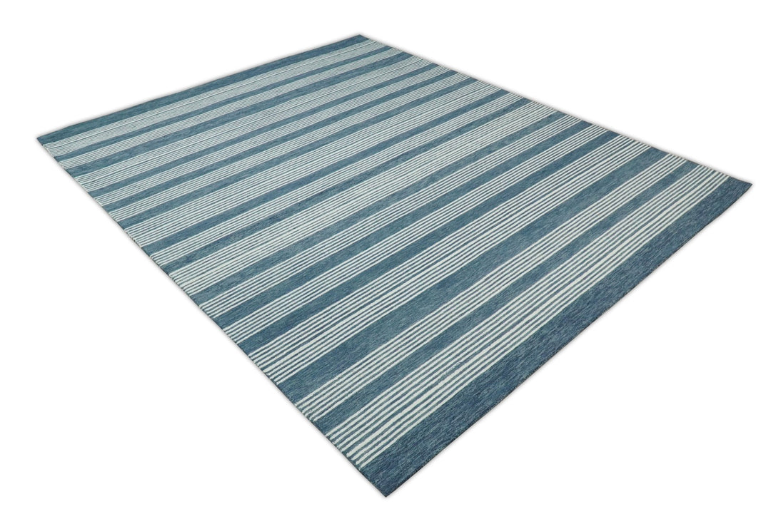 5x8 and 8x10 Hand Made Woolen Modern Stripes White and Blue Area Rug | NAU002 - The Rug Decor