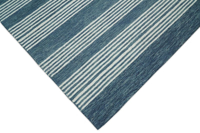 5x8 and 8x10 Hand Made Woolen Modern Stripes White and Blue Area Rug | NAU002 - The Rug Decor