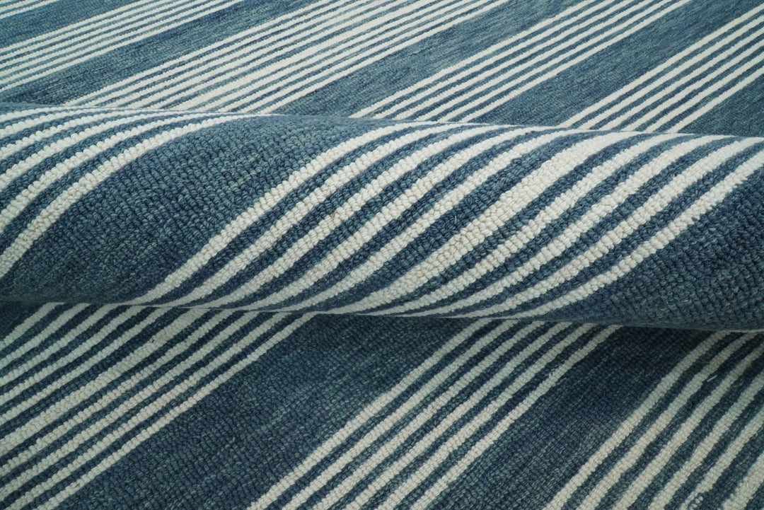 5x8 and 8x10 Hand Made Woolen Modern Stripes White and Blue Area Rug | NAU002 - The Rug Decor