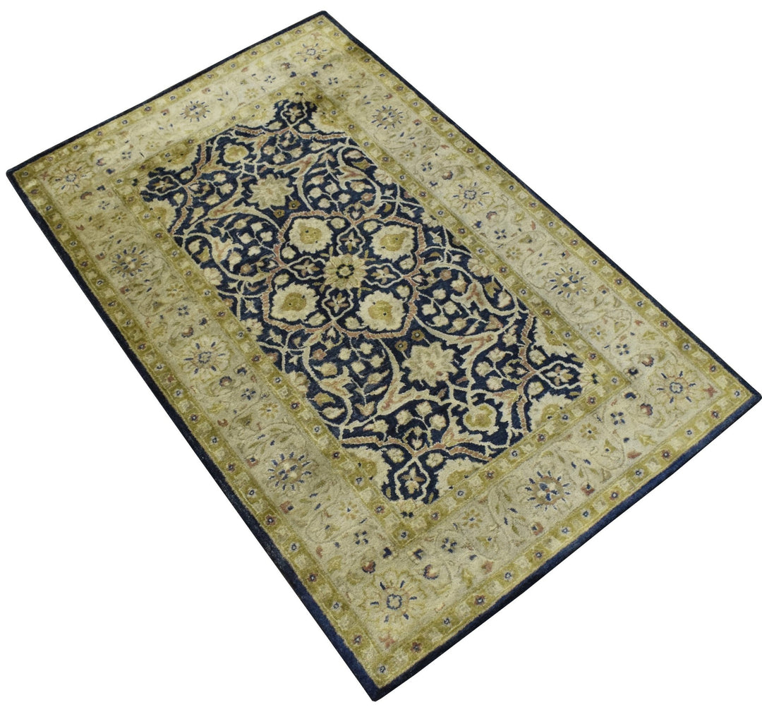 5x8 Blue and Camel Wool Area Rug | Handmade Area rug made with fine wool - The Rug Decor