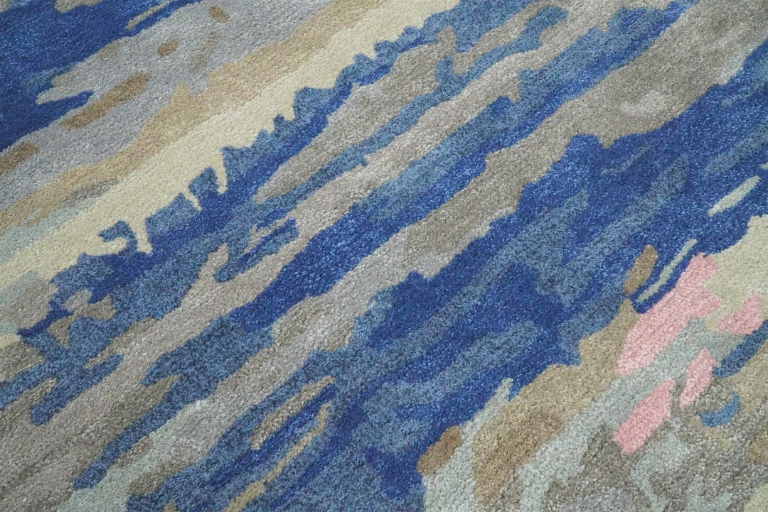 5x8 Blue and Silver Abstract Handmade Wool and Art Silk Area Rug - The Rug Decor