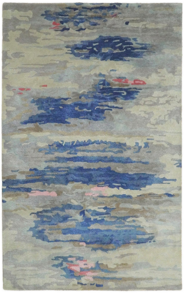 5x8 Blue and Silver Abstract Handmade Wool and Art Silk Area Rug - The Rug Decor