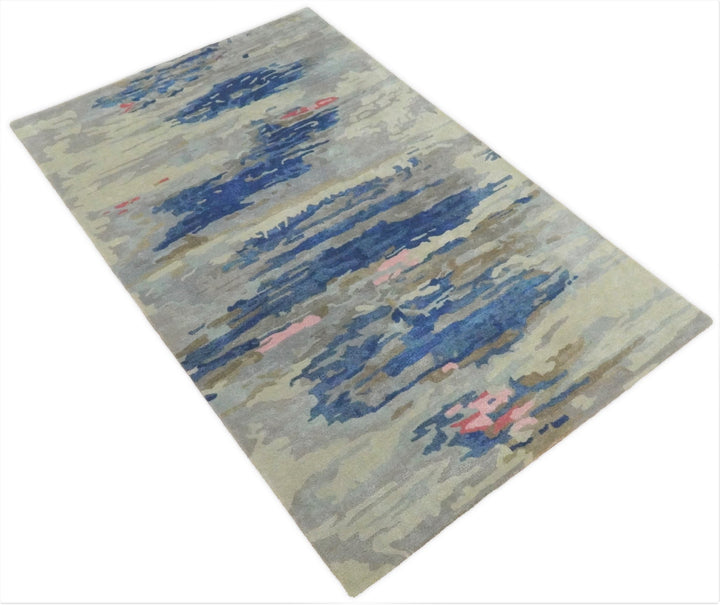 5x8 Blue and Silver Abstract Handmade Wool and Art Silk Area Rug - The Rug Decor