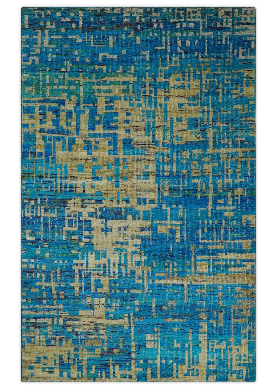 5x8 Hand Knotted Beige and Blue Modern Abstract Contemporary Recycled Silk Area Rug | OP101 - The Rug Decor