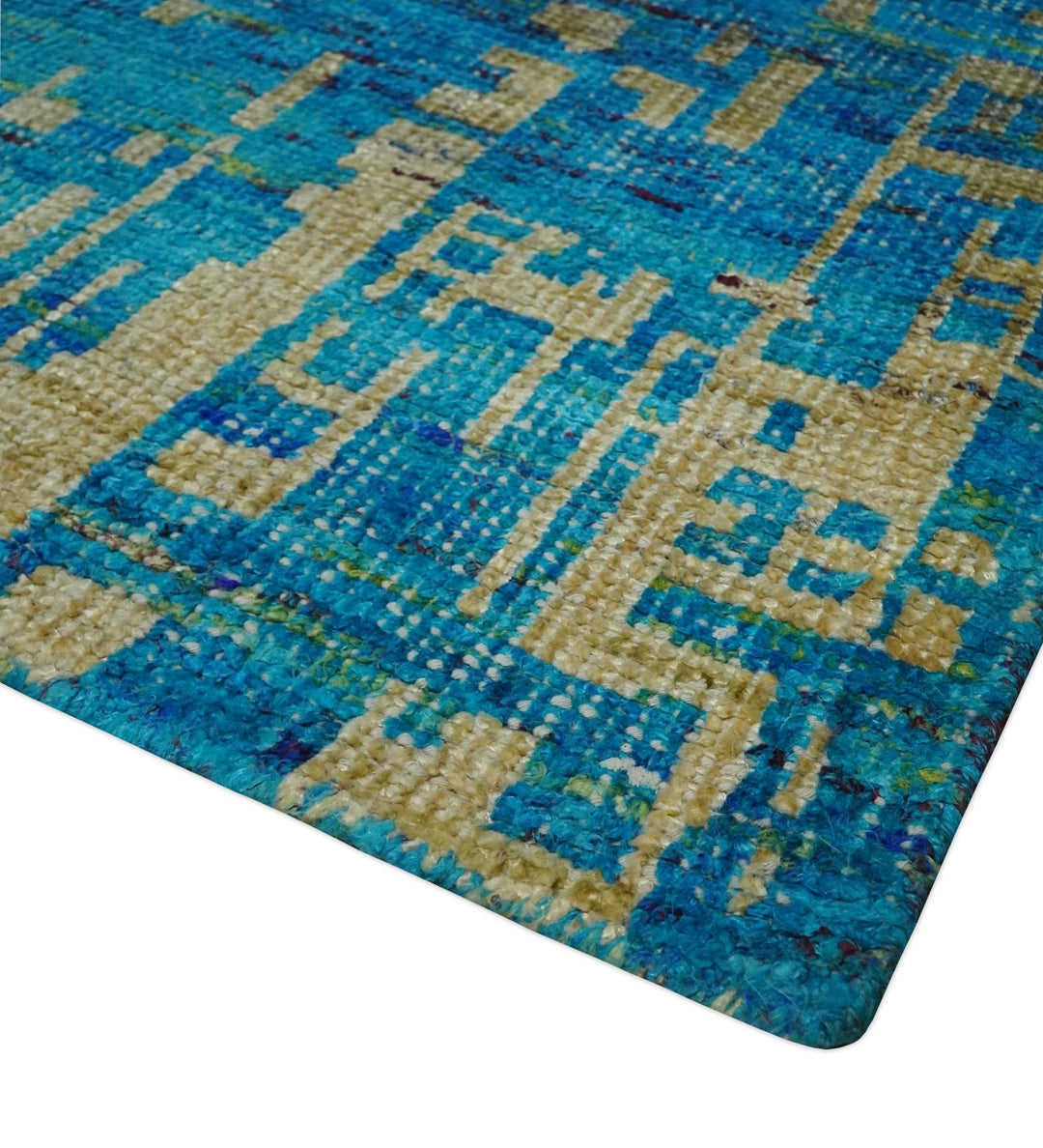 5x8 Hand Knotted Beige and Blue Modern Abstract Contemporary Recycled Silk Area Rug | OP101 - The Rug Decor