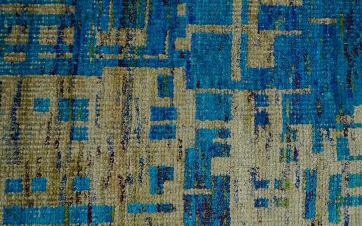 5x8 Hand Knotted Beige and Blue Modern Abstract Contemporary Recycled Silk Area Rug | OP101 - The Rug Decor