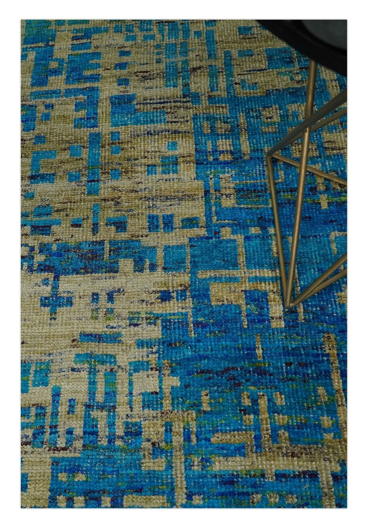 5x8 Hand Knotted Beige and Blue Modern Abstract Contemporary Recycled Silk Area Rug | OP101 - The Rug Decor