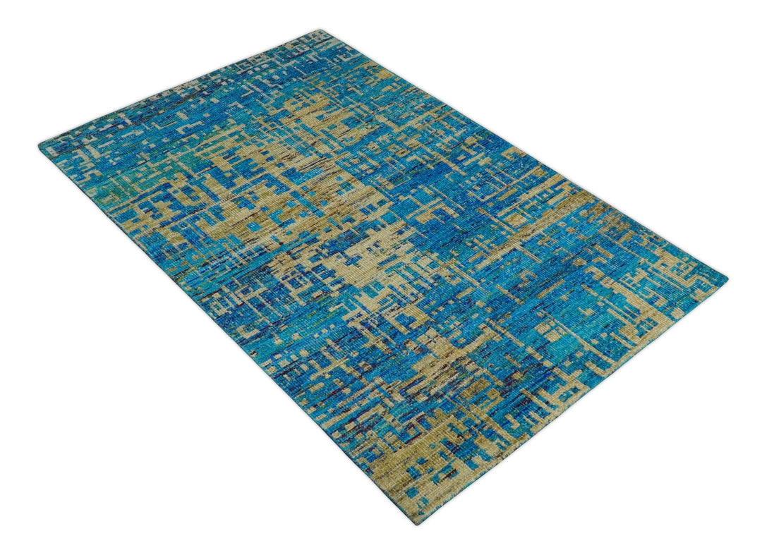 5x8 Hand Knotted Beige and Blue Modern Abstract Contemporary Recycled Silk Area Rug | OP101 - The Rug Decor