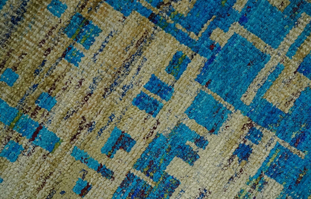 5x8 Hand Knotted Beige and Blue Modern Abstract Contemporary Recycled Silk Area Rug | OP101 - The Rug Decor
