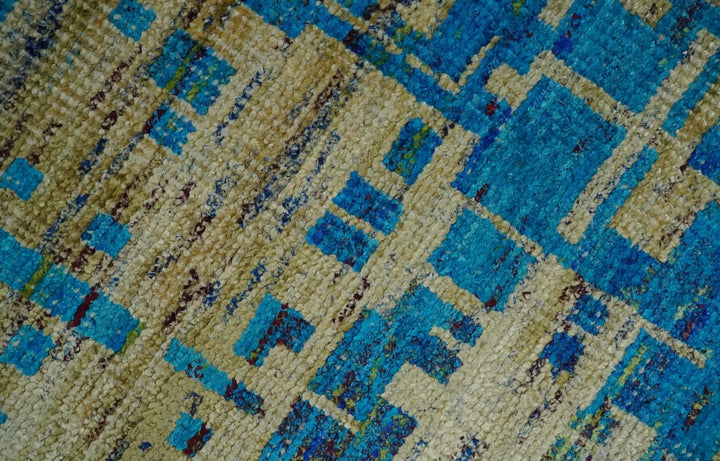 5x8 Hand Knotted Beige and Blue Modern Abstract Contemporary Recycled Silk Area Rug | OP101 - The Rug Decor
