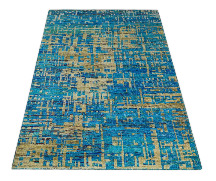5x8 Hand Knotted Beige and Blue Modern Abstract Contemporary Recycled Silk Area Rug | OP101 - The Rug Decor