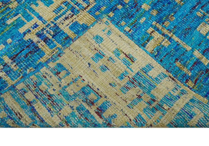 5x8 Hand Knotted Beige and Blue Modern Abstract Contemporary Recycled Silk Area Rug | OP101 - The Rug Decor