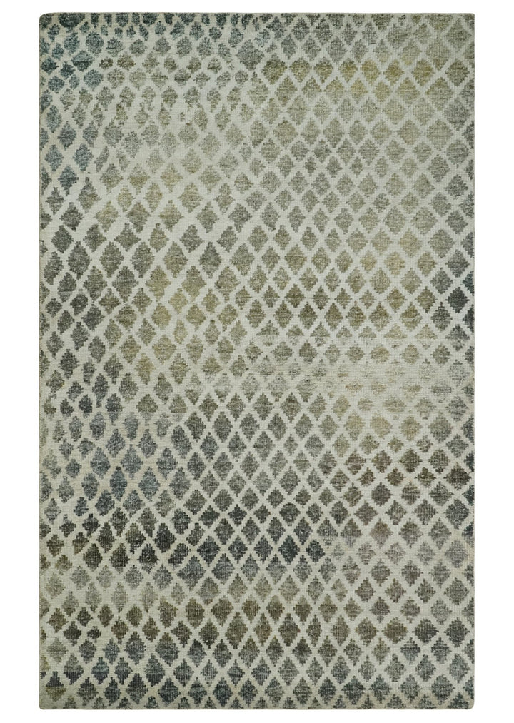 5x8 Hand Knotted Beige, Charcoal and Olive Modern Diamond Geometric Contemporary Recycled Silk Area Rug | OP87 - The Rug Decor