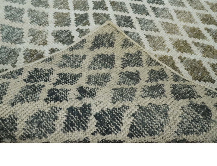 5x8 Hand Knotted Beige, Charcoal and Olive Modern Diamond Geometric Contemporary Recycled Silk Area Rug | OP87 - The Rug Decor
