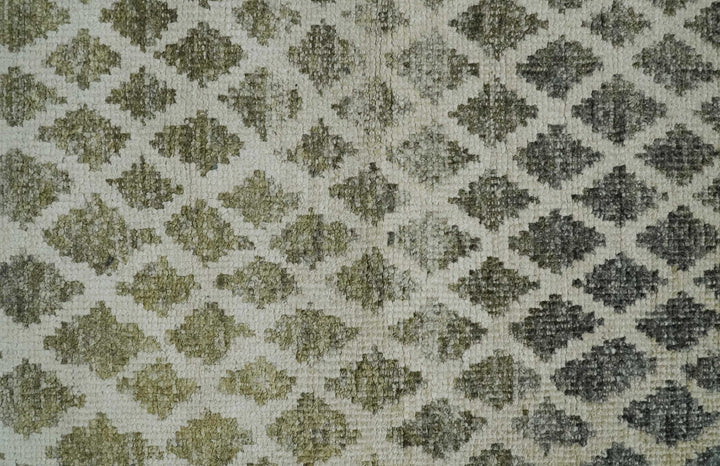 5x8 Hand Knotted Beige, Charcoal and Olive Modern Diamond Geometric Contemporary Recycled Silk Area Rug | OP87 - The Rug Decor