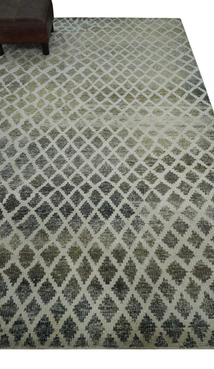 5x8 Hand Knotted Beige, Charcoal and Olive Modern Diamond Geometric Contemporary Recycled Silk Area Rug | OP87 - The Rug Decor
