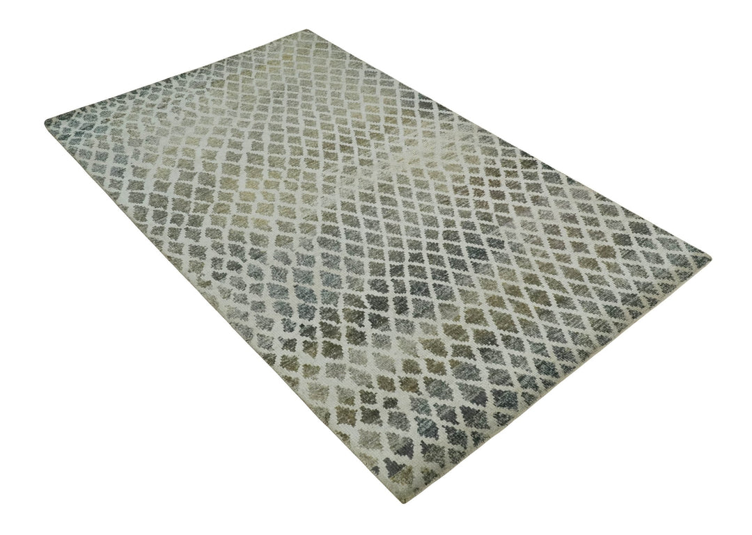 5x8 Hand Knotted Beige, Charcoal and Olive Modern Diamond Geometric Contemporary Recycled Silk Area Rug | OP87 - The Rug Decor