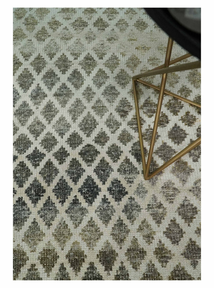 5x8 Hand Knotted Beige, Charcoal and Olive Modern Diamond Geometric Contemporary Recycled Silk Area Rug | OP87 - The Rug Decor