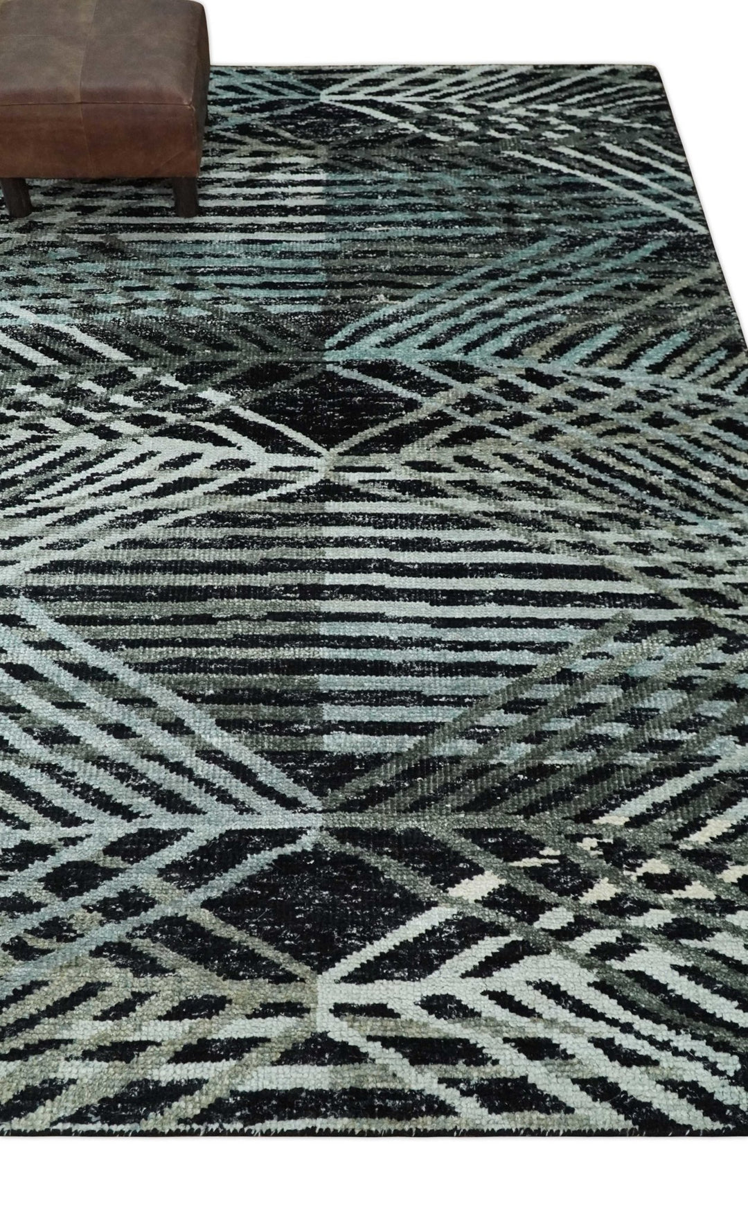 5x8 Hand Knotted Black, Ivory and Teal Modern Style Contemporary Recycled Silk Area Rug | OP119 - The Rug Decor