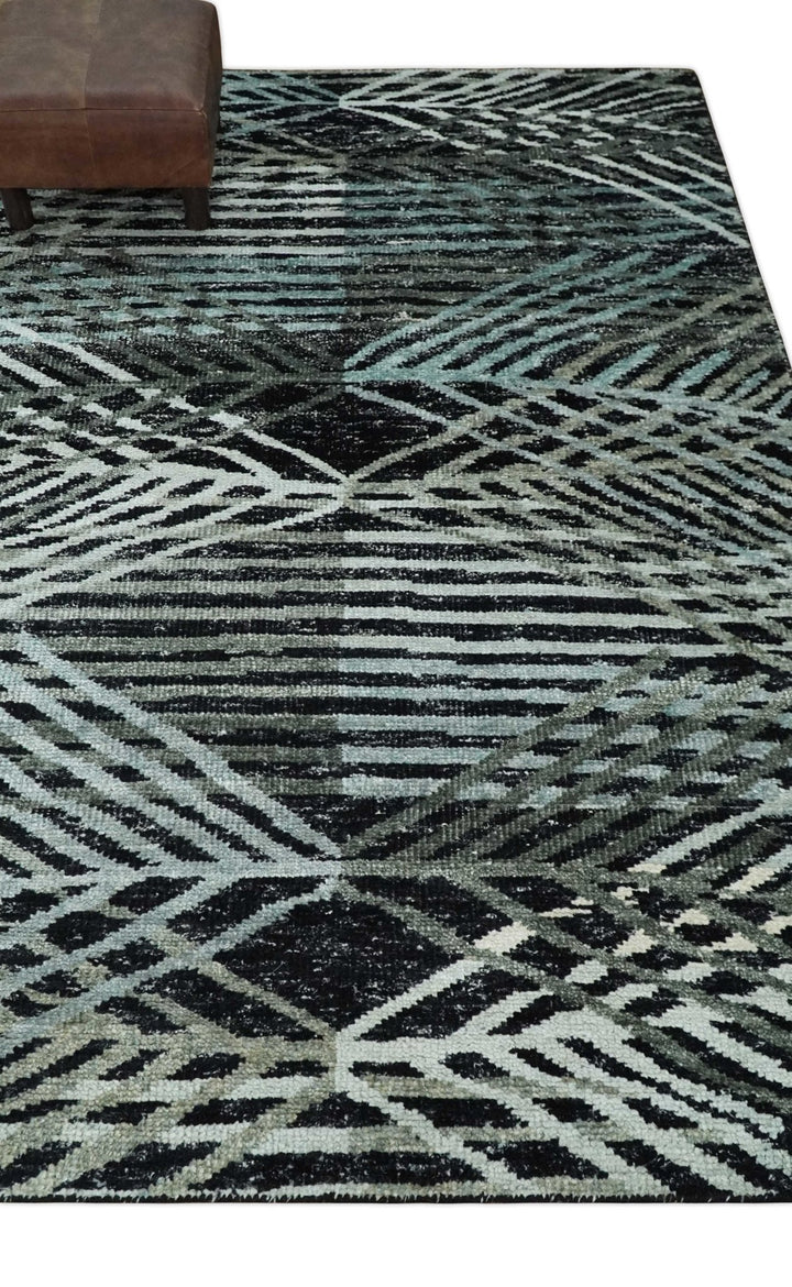 5x8 Hand Knotted Black, Ivory and Teal Modern Style Contemporary Recycled Silk Area Rug | OP119 - The Rug Decor