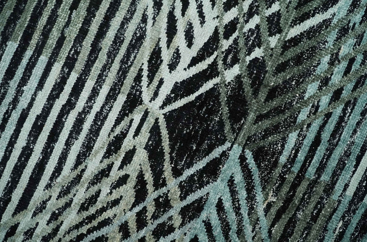 5x8 Hand Knotted Black, Ivory and Teal Modern Style Contemporary Recycled Silk Area Rug | OP119 - The Rug Decor