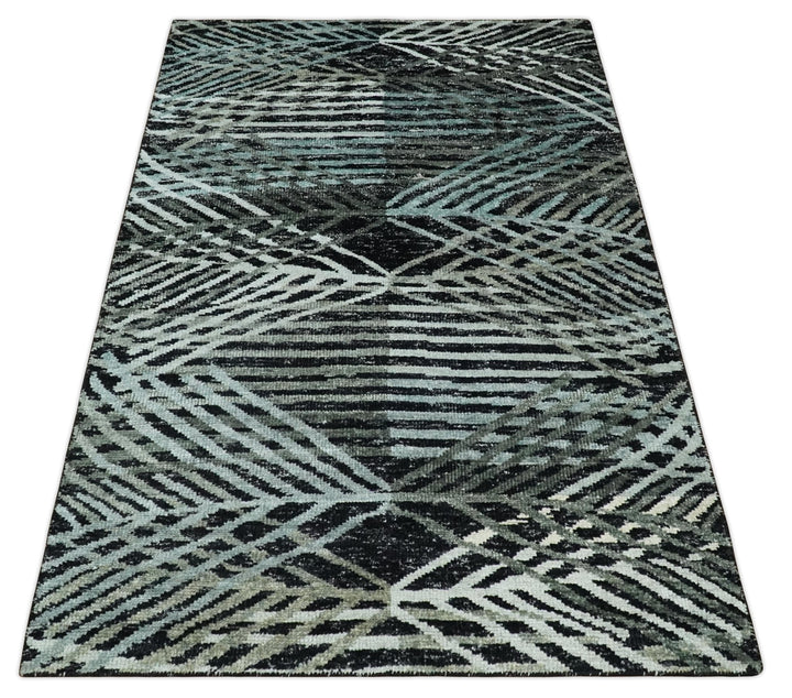 5x8 Hand Knotted Black, Ivory and Teal Modern Style Contemporary Recycled Silk Area Rug | OP119 - The Rug Decor