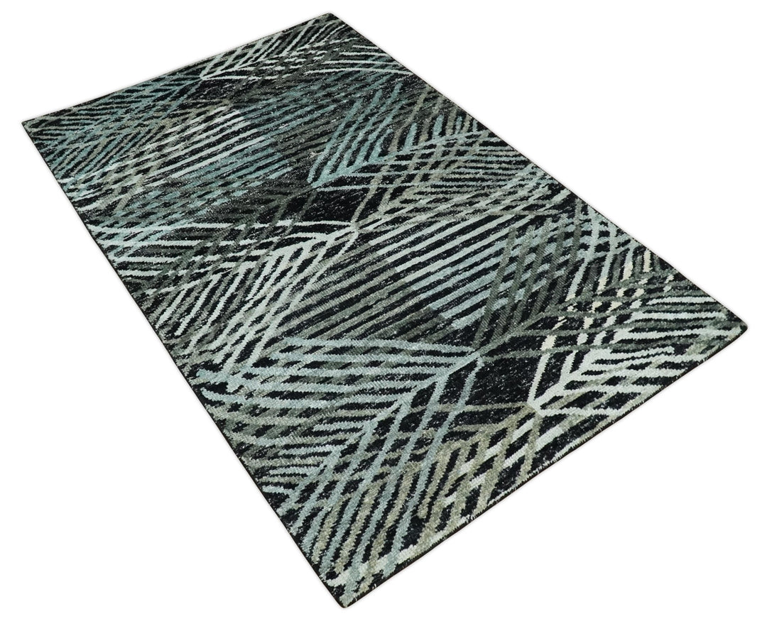 5x8 Hand Knotted Black, Ivory and Teal Modern Style Contemporary Recycled Silk Area Rug | OP119 - The Rug Decor
