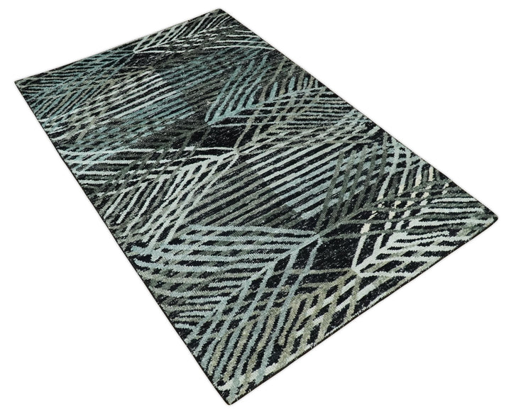 5x8 Hand Knotted Black, Ivory and Teal Modern Style Contemporary Recycled Silk Area Rug | OP119 - The Rug Decor