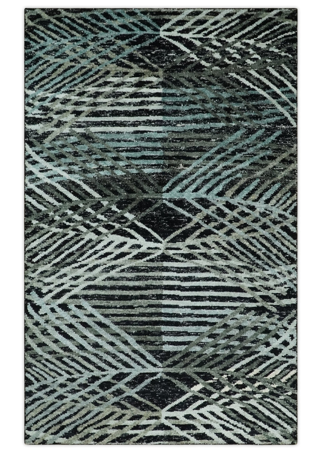 5x8 Hand Knotted Black, Ivory and Teal Modern Style Contemporary Recycled Silk Area Rug | OP119 - The Rug Decor