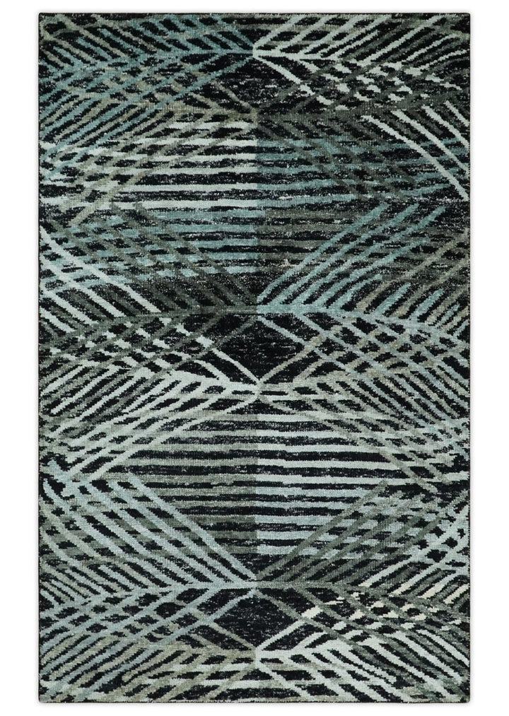 5x8 Hand Knotted Black, Ivory and Teal Modern Style Contemporary Recycled Silk Area Rug | OP119 - The Rug Decor