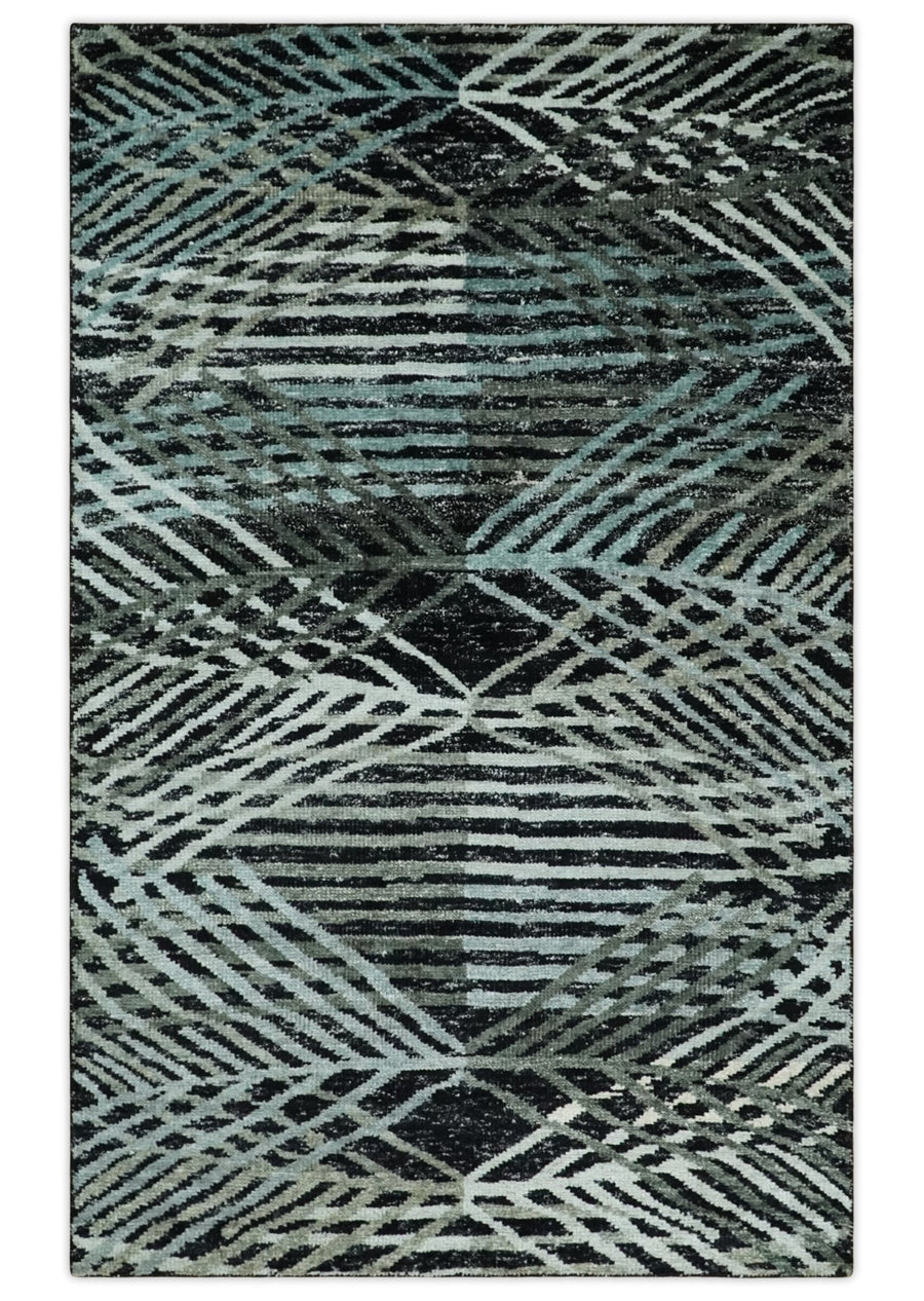 5x8 Hand Knotted Black, Ivory and Teal Modern Style Contemporary Recycled Silk Area Rug | OP119 - The Rug Decor