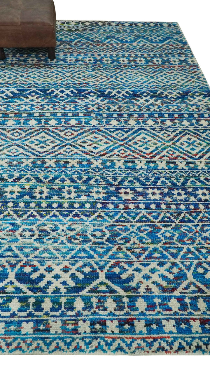 5x8 Hand Knotted Blue and Ivory Modern Contemporary Southwestern Tribal Trellis Recycled Silk Area Rug | OP80 - The Rug Decor