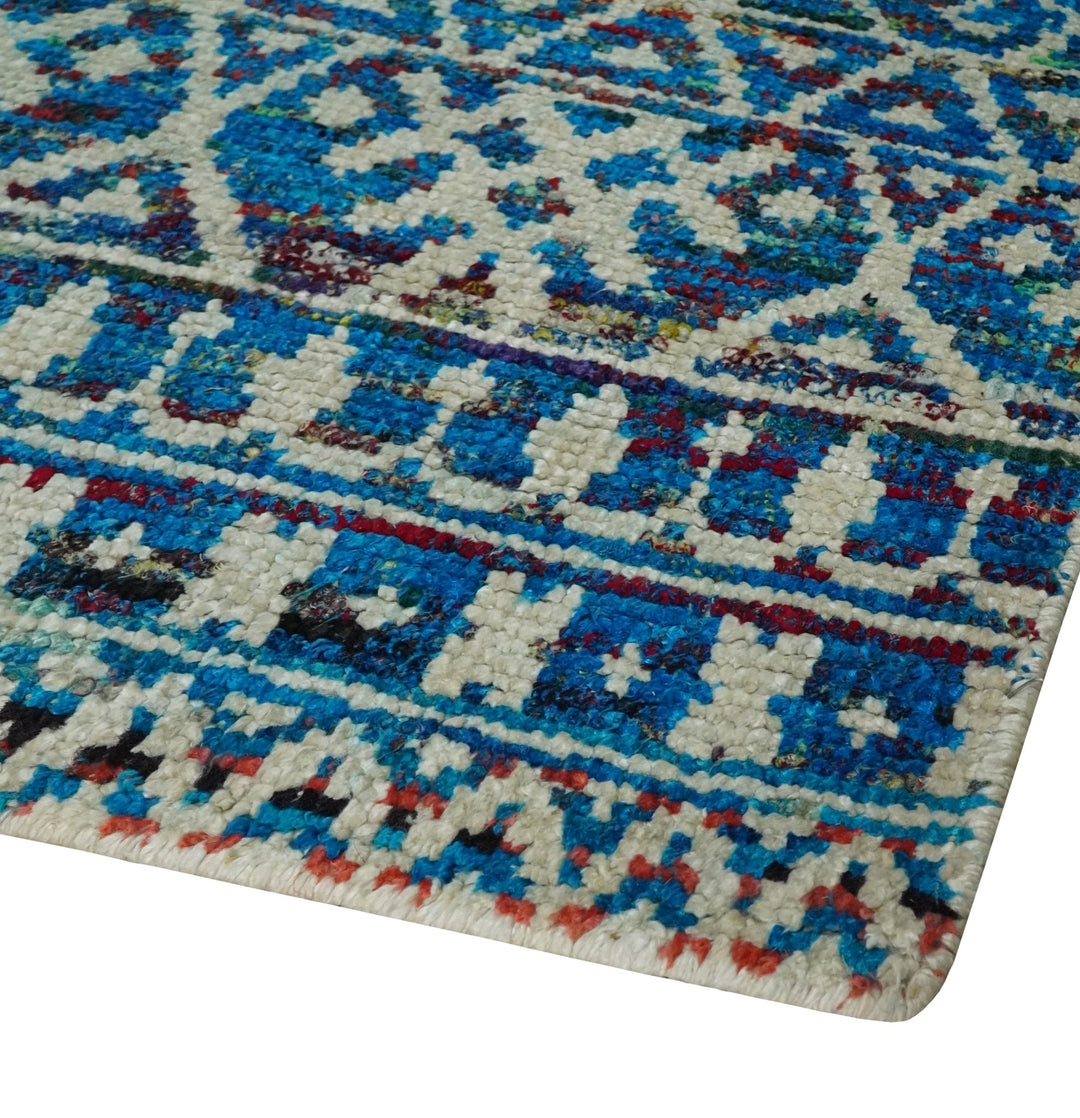 5x8 Hand Knotted Blue and Ivory Modern Contemporary Southwestern Tribal Trellis Recycled Silk Area Rug | OP80 - The Rug Decor