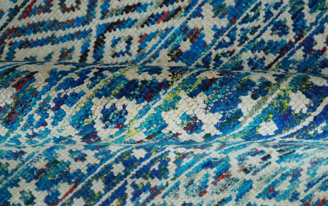 5x8 Hand Knotted Blue and Ivory Modern Contemporary Southwestern Tribal Trellis Recycled Silk Area Rug | OP80 - The Rug Decor