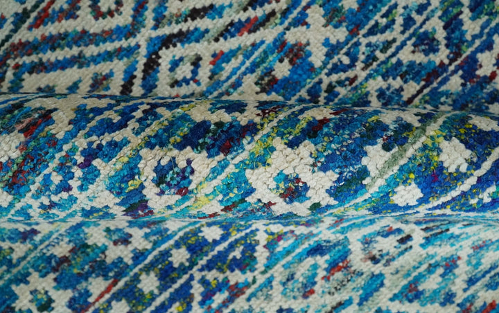 5x8 Hand Knotted Blue and Ivory Modern Contemporary Southwestern Tribal Trellis Recycled Silk Area Rug | OP80 - The Rug Decor