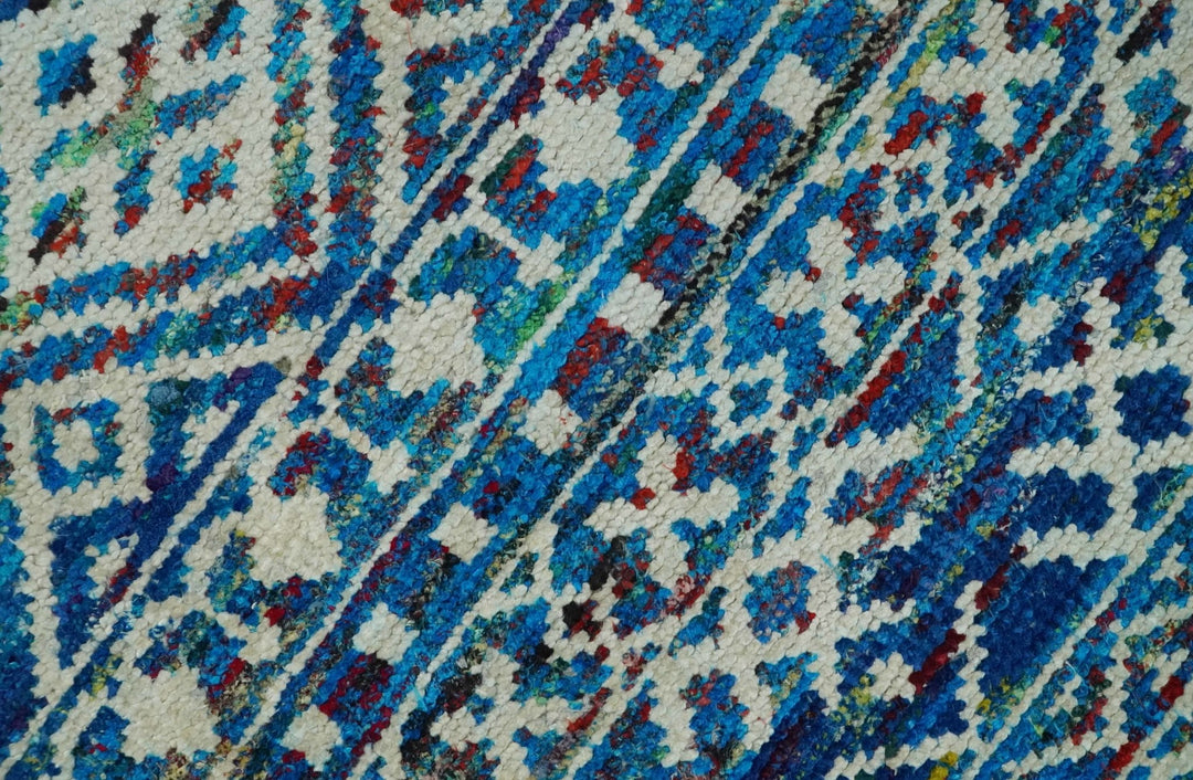 5x8 Hand Knotted Blue and Ivory Modern Contemporary Southwestern Tribal Trellis Recycled Silk Area Rug | OP80 - The Rug Decor