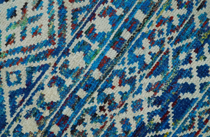 5x8 Hand Knotted Blue and Ivory Modern Contemporary Southwestern Tribal Trellis Recycled Silk Area Rug | OP80 - The Rug Decor