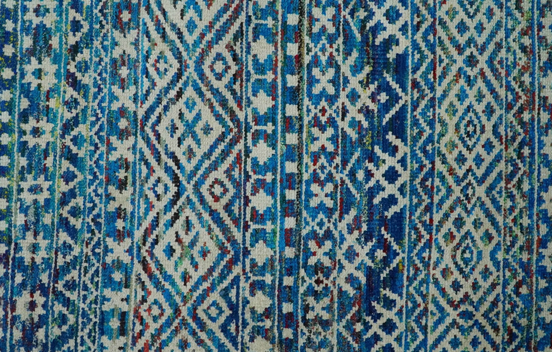 5x8 Hand Knotted Blue and Ivory Modern Contemporary Southwestern Tribal Trellis Recycled Silk Area Rug | OP80 - The Rug Decor