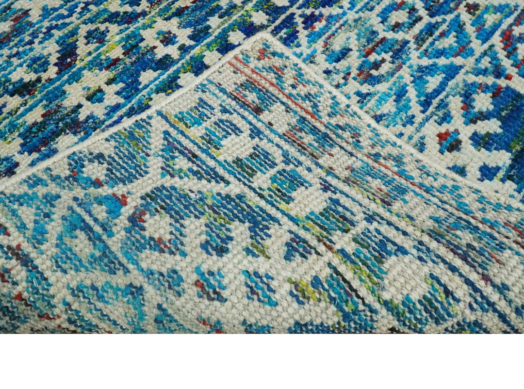 5x8 Hand Knotted Blue and Ivory Modern Contemporary Southwestern Tribal Trellis Recycled Silk Area Rug | OP80 - The Rug Decor